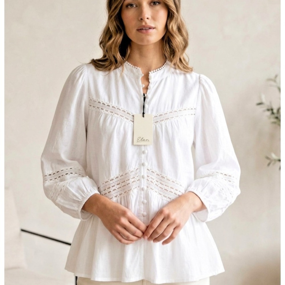 Elan Inset‎ Button Front Peasant Blouse Size M Boho Lace White NWT Romantic